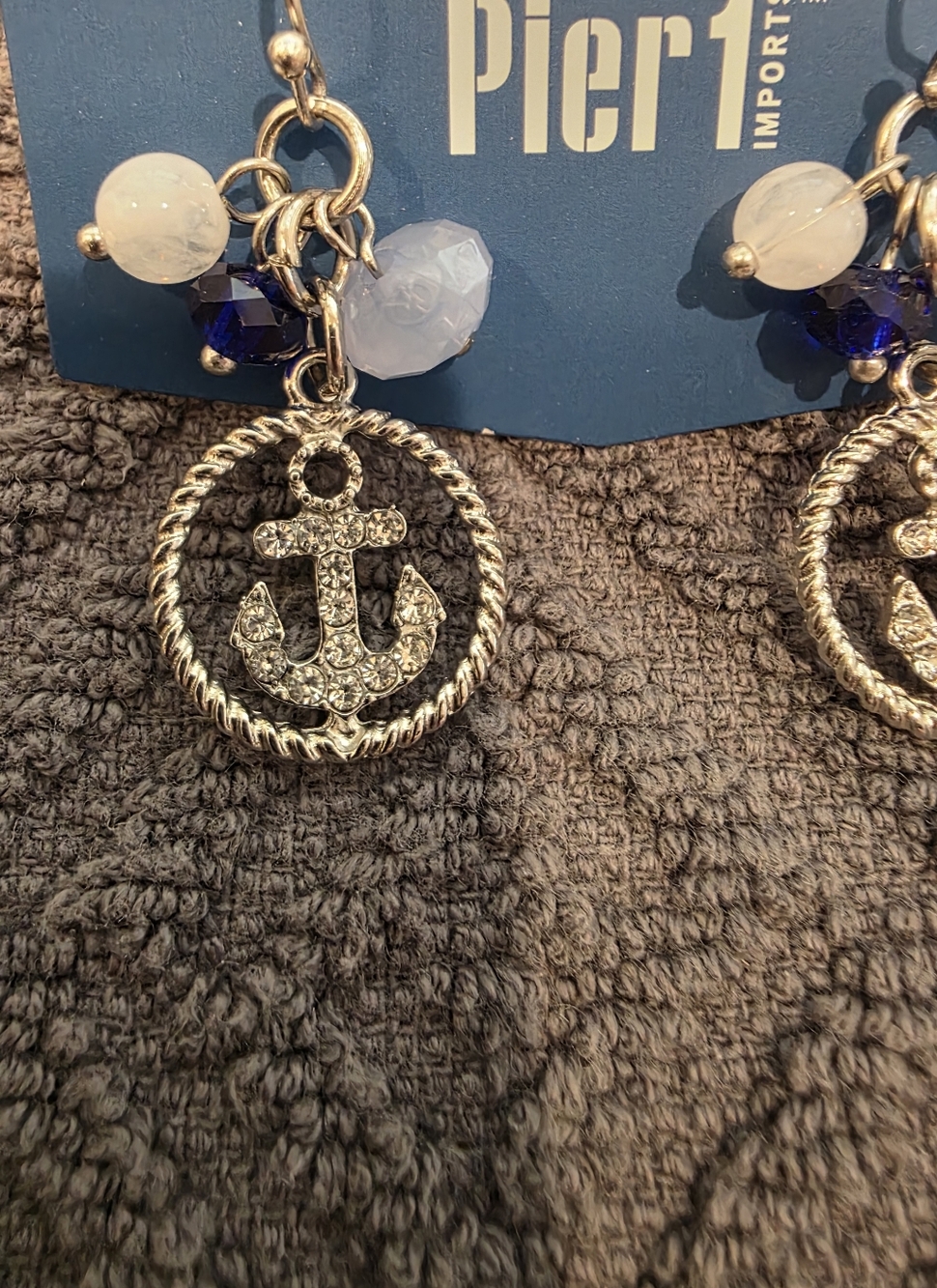 Pier 1 Silver Sparkle Anchor Charm Earrings with Dark Blue and Light Blue Beads - Picture 2 of 3